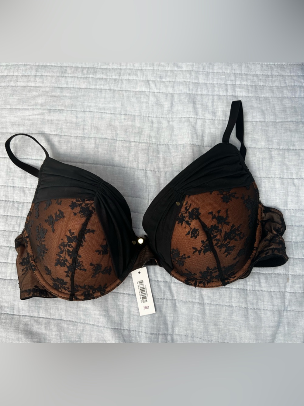 Adore Me Black Lace Overlay Bra with Brown Cups
